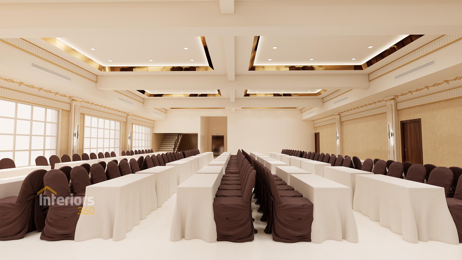 Modern banquet hall interior design in Chennai by Interiors360